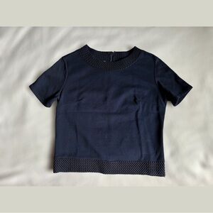 60s Structured Polyester Navy Blue Ladies Top With Knit Accents and Zip Up Back